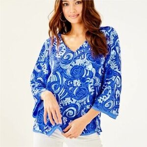 NEW Lilly Pulitzer Florin, 3/4 Sleeve V-neck Blue Grotto So Offishal - L